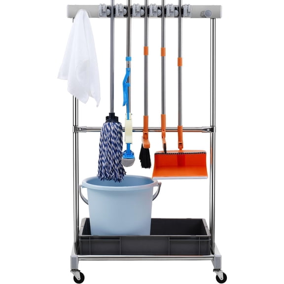 10 Compartment Wheeled Metal Garden Tool Rack with Hooks for Garage Shed Outdoor Storage of Long Handled Tools Rakes Brooms