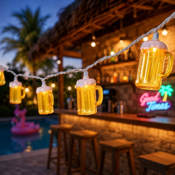 Northlight Beer Mug Indoor Outdoor Patio Light Set - Yellow and White - 7.5' White Wire - 10ct