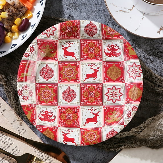 10-Count Christmas Paper Plates 9 Inch - Heavy Duty Disposable Holiday Dinner Plates with Festive Designs, Waterproof & Grease Resistant for Parties Red