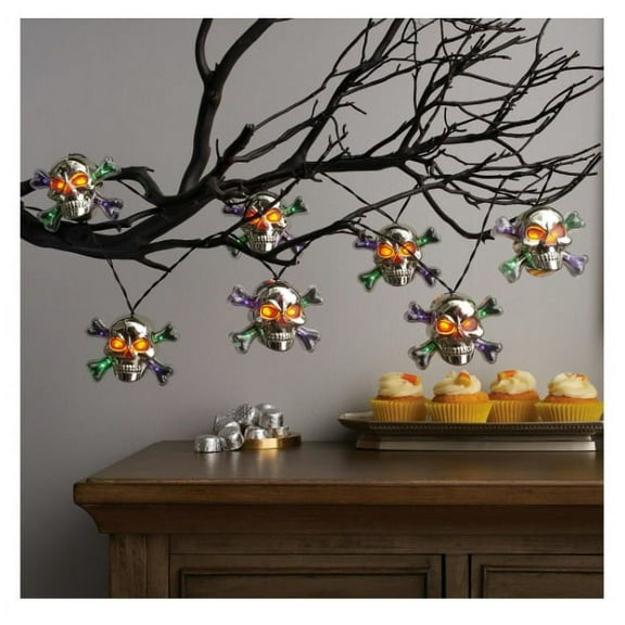 10 Count Halloween LED Battery-Operated Silver Skull With Cross-bones String Lights (With Timer)