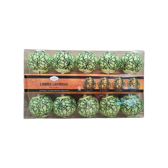 10 Count Neon Green Halloween Lantern Style Spiderweb Print String Lights