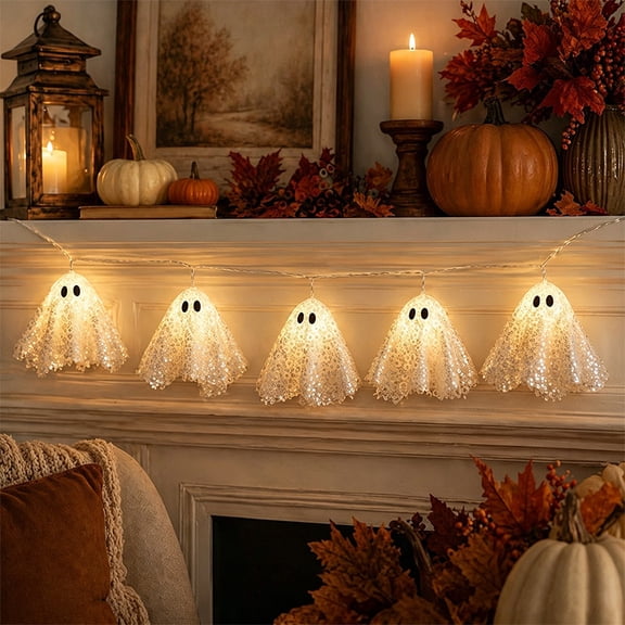 10-Count Sequin Ghost Led String Light, 78.74in Aa Battery Powered Flexible Light Strip with Shimmer Sequin Surface, Spooky Glowing Decor for Halloween Indoor Window Wall & Party Scene Arrangement