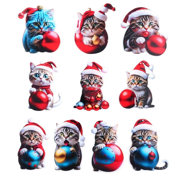 10 Counts Cute Kitten Christmas Tree Ornament - Acrylic Festive Cat Decor for Xmas Tree, Desk, or Gift for Cat Lovers