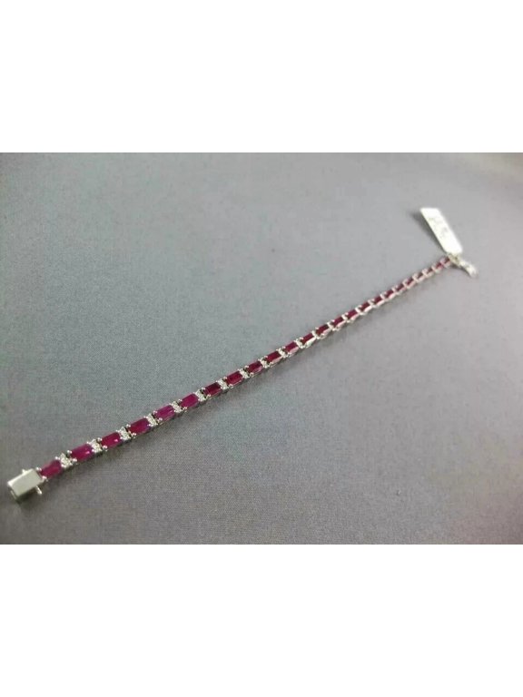 10 Ct Emerald Cut Lab-Created Red Ruby Women's Tennis Bracelet, 14K White Gold Plated Sterling Silver