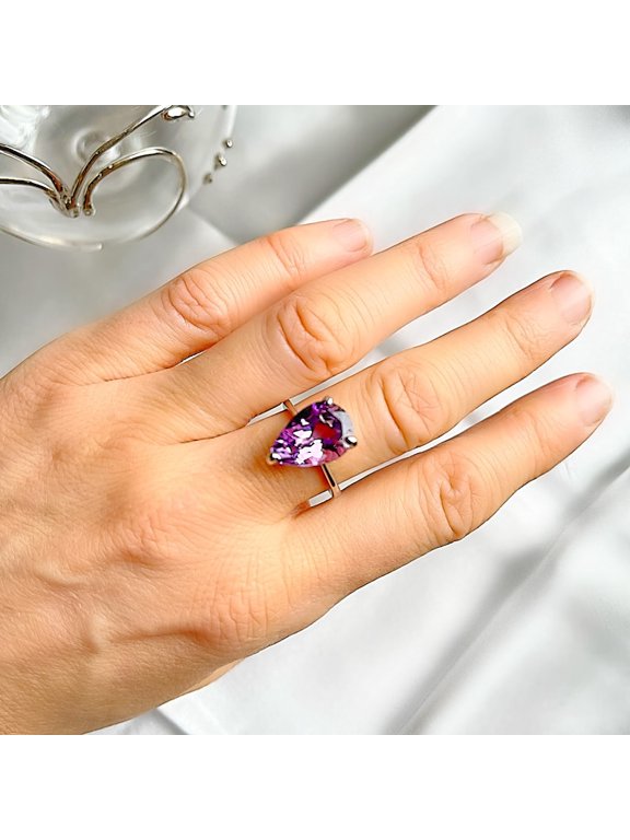 10 Ct Genuine Large Amethyst Ring, 925 Silver 10x15 mm Vermeil Amethyst Engagement Ring, Pear Cut Statement Ring, Birthday gift for her