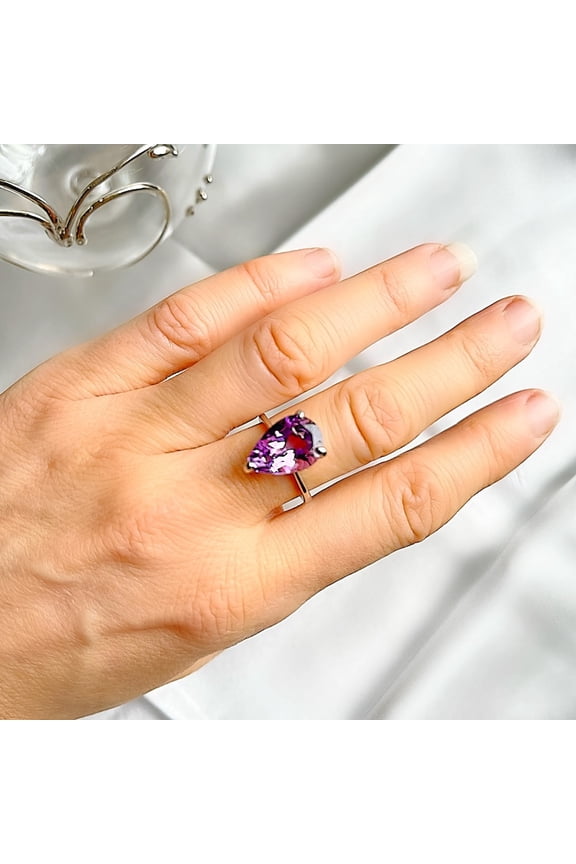 10 Ct Genuine Large Amethyst Ring, 925 Silver 10x15 mm Vermeil Amethyst Engagement Ring, Pear Cut Statement Ring, Birthday gift for her
