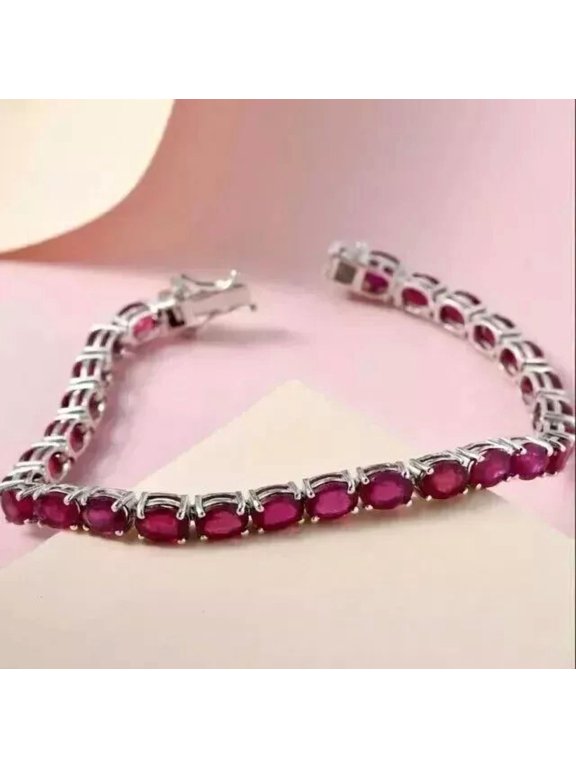 10 Ct Oval Cut Lab-Created Pink Ruby Tennis Bracelet, 14K White Gold Plated Sterling Silver
