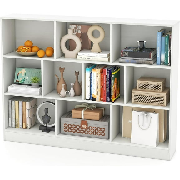 10 Cube Bookcase, 4-Tier Freestanding Bookshelf w/ 10 Open Compartments, 2 Anti-Tipping Kits, Modern Display Cabinet, 41" Wood Cubby Storage Organizer for Living Room, Bedroom, White