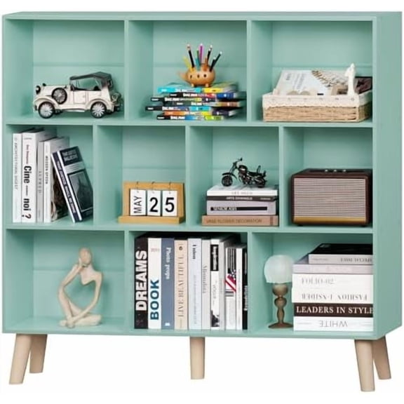 10 Cube Bookshelf,3 Tier Modern Wide Bookcase with Legs,Mid-Century Wood Bookshelves Storage,Mint-Green Large Book Case,Freestanding Organizer Display Shelf for Bedroom,Living Room,Office