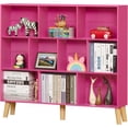 thumbnail image 1 of 10 Cube Bookshelf,3 Tier Modern Wide Bookcase with Legs,Mid-Century Wood Bookshelves Storage,Pink Large Book Case,Freestanding Organizer Display Shelf for Bedroom,Living Room,Office, 1 of 16