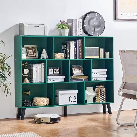 10 Cube Bookshelf, 3 Tier Vintage 55" Wide Bookcase with Legs, Mid-Century Wood Bookshelves Storage, Dark Green Large Book Case, Freestanding Organizer Display Shelf for Living Room, Office