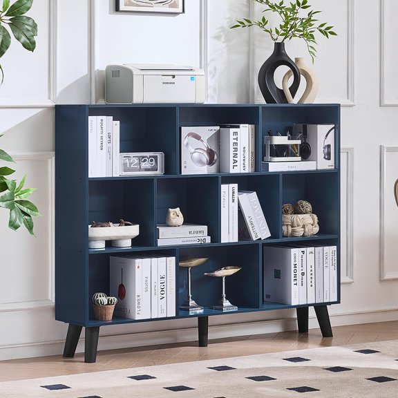 10 Cube Bookshelf  3 Tier Vintage 55" Wide Bookcase With Mid-century Wood Bookshelves Storage Dark Blue Large Book Case Freestanding Organizer Display Shelf For Living Room Office