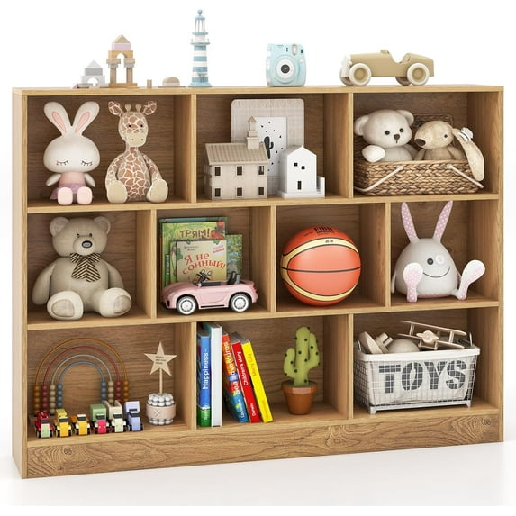 10-Cube Bookshelf for Kids, Wooden Toy Storage Organizer With 2 Anti ...