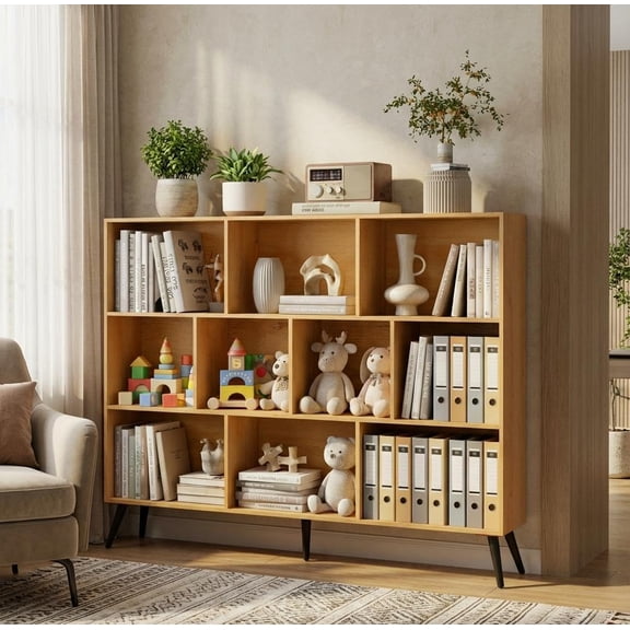 10-Cube Bookshelf With Legs 55 Inch Wide 3-Tier Wooden Bookcase Mid Century Modern Open Shelf Organizer Natural Wood