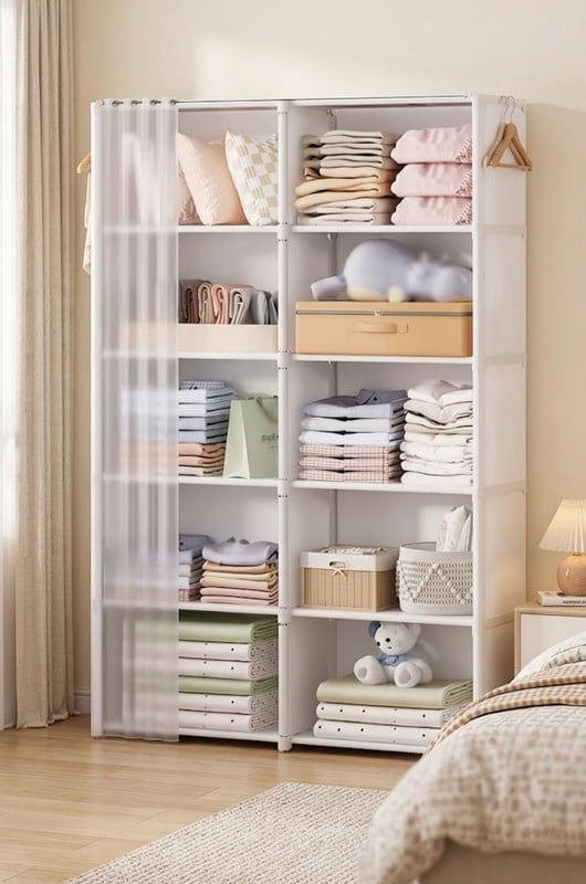 10-Cube Portable Storage Organizer, 6-Tier Wardrobe with Dust-Proof Cover, Heavy Duty Garment Shelf Bookcase Portable Closet
