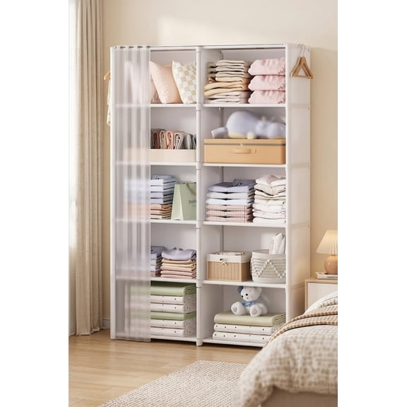 10-Cube Portable Storage Organizer, 6-Tier Wardrobe with Dust-Proof Cover, Heavy Duty Garment Shelf Bookcase Portable Closet