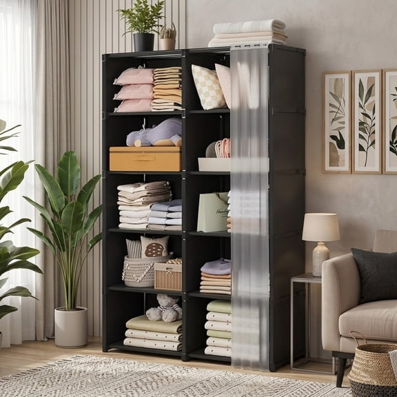 10-Cube Portable Storage Organizer, 6-Tier Wardrobe with Dust-Proof Cover, Heavy Duty Garment Shelf Bookcase Portable Closet
