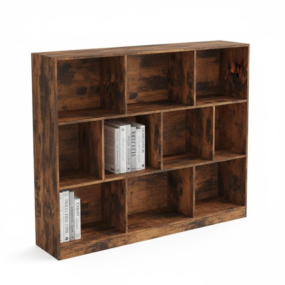 10-Cube Record Player Stand with Vinyl Storage 3-Tier Wooden Bookshelf Cabinet Freestanding Display Organizer Wood Color, 140x24x111cm