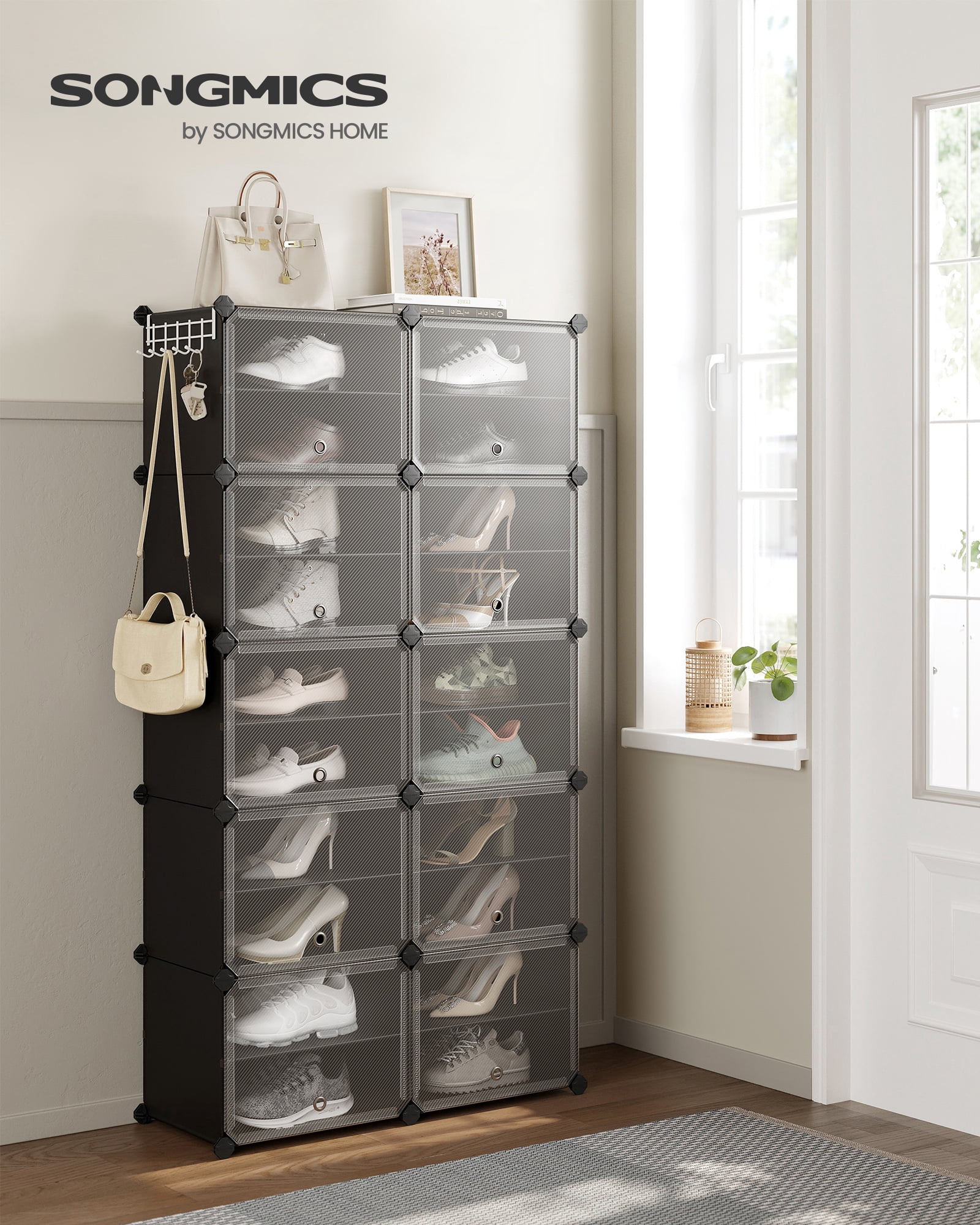 SONGMICS Shoe Rack Organizer, 10-Tier Shoe Storage Cabinet for Closet and Entryway, Holds 40 Pairs of Shoes, Adjustable, Ink Black and Trasparent