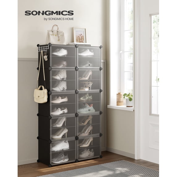 SONGMICS Shoe Rack Organizer, 10-Tier Shoe Storage Cabinet for Closet and Entryway, Holds 40 Pairs of Shoes, Adjustable, Ink Black and Trasparent