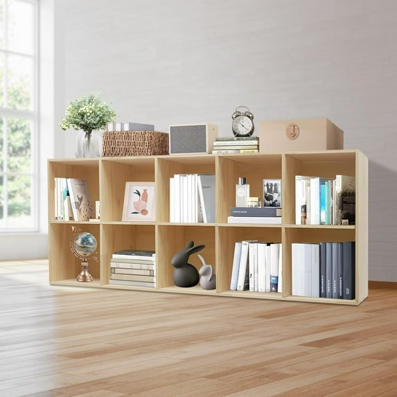 10 Compartments Floor-Mounted Wooden Cube Shelf Bookcase Wood Color Solid Wood Shelves Living Rooms Bedrooms Kitchens