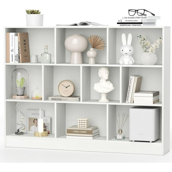 10 Cube Storage Organizer, 4 Tier Open Bookcase, Modern Bookshelves and Bookcases, 41" Floor Standing Wooden Display Bookshelf for Living Room Bedroom Office (White, 55" x 9.5" x 41")