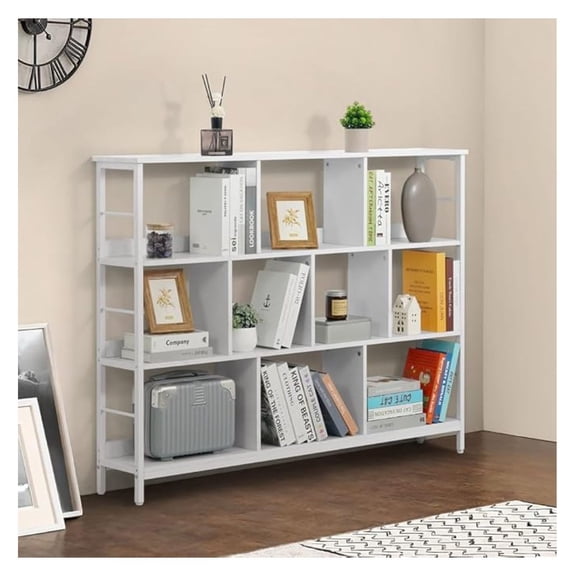 10 Cube Storage Organizer, 55 Wide 3 Tier White Industrial Open Shelf Bookcase, Display Shelf, Horizontal Bookshelf with Metal Frame, Wooden Board, for Living Room, Bedroom, Office