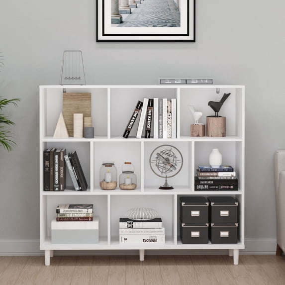 10-Cube Storage Organizer Bookshelf with Legs,Freestanding Display Bookshelf,3-Tier Cubical Storage Shelves,White