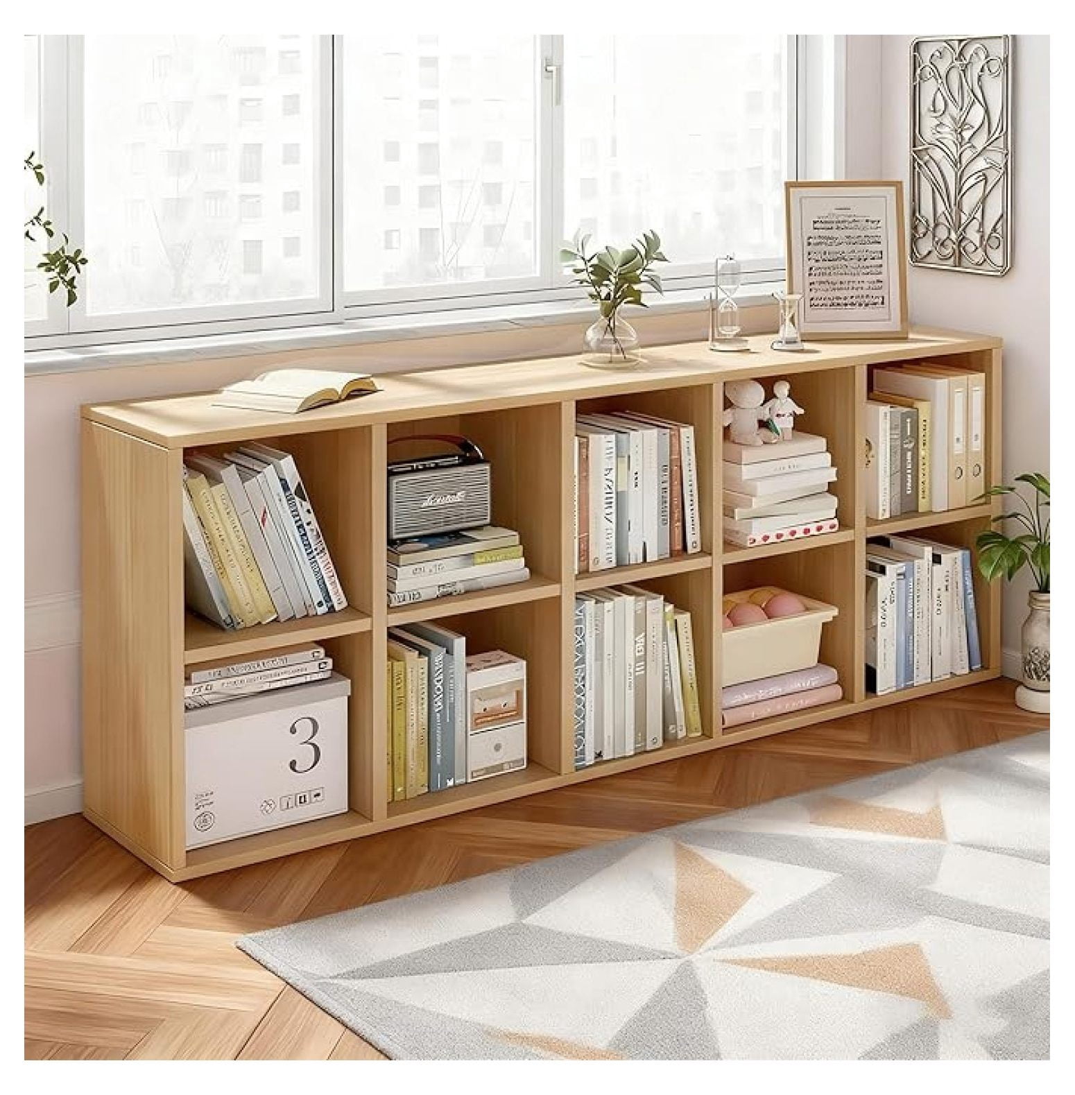 10-Cube Storage Organizer, Wooden Low Bookshelf, Modern 2-Tier Floor ...