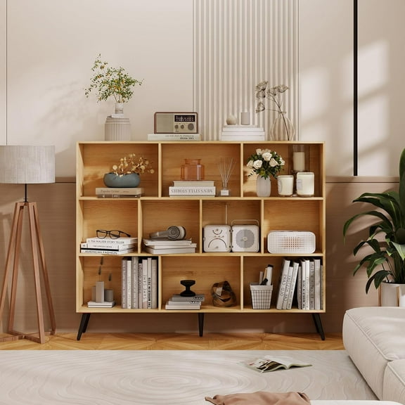10 Cubes Bookshelf, Wooden 3-Tier Open Shelf Bookcase, Freestanding Book Shelf Storage Organizer with 5 Iron Legs for Home Office, Living Room, Bedroom