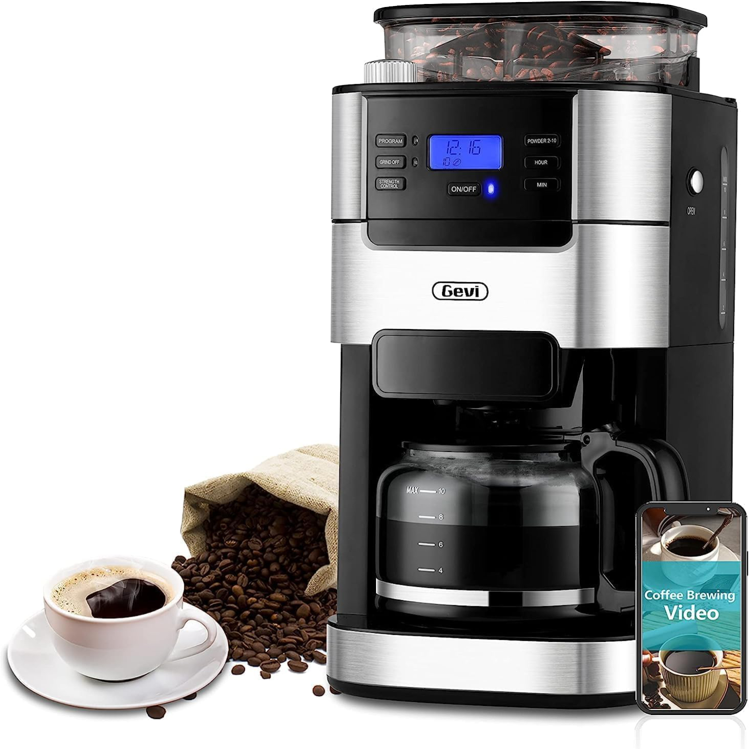 10Cup Coffee Maker with Grinder Programmable Grind & Brew 1.5L Water