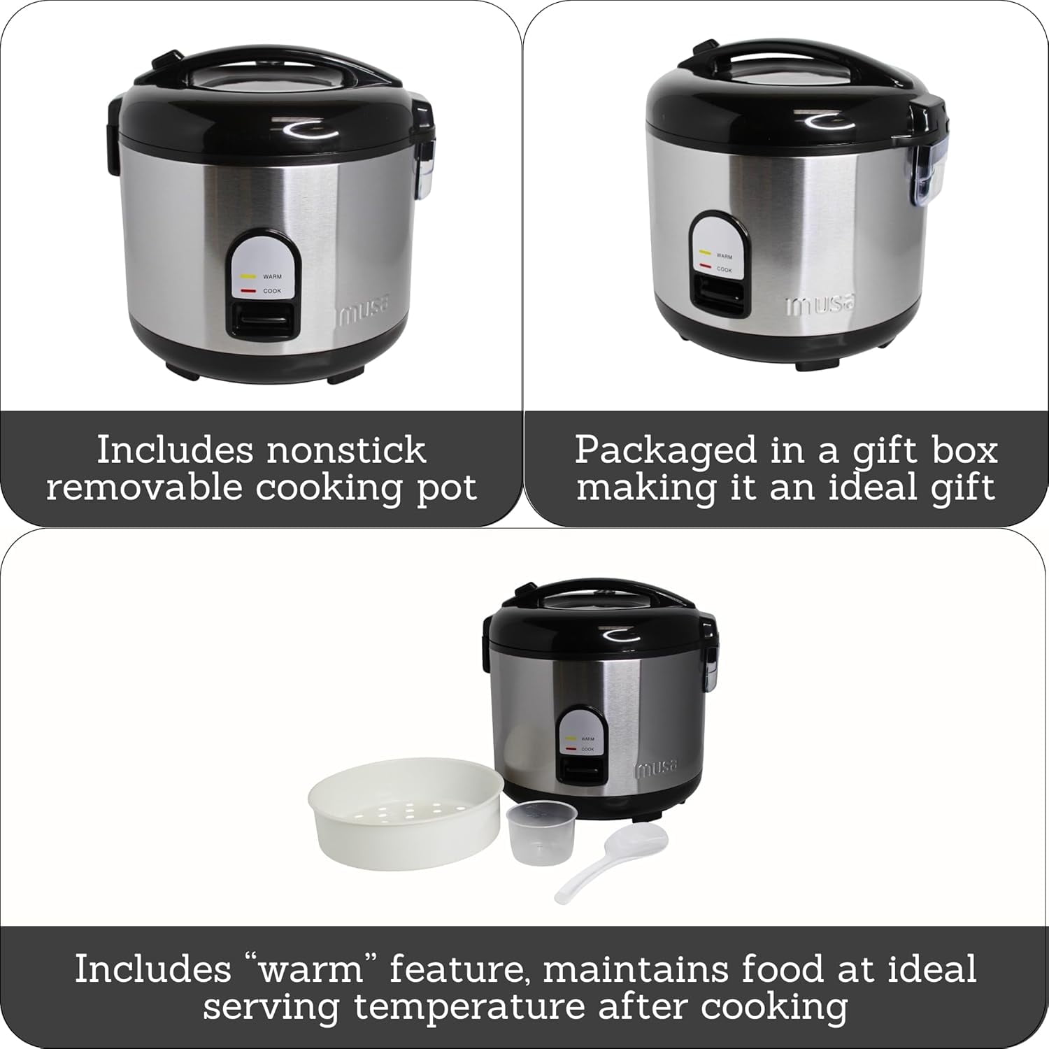 10 Cup Deluxe Stainless Steel Electric Rice Cooker with Steam Tray for Large Family Dinners and Outdoor Picnics