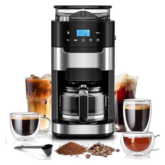 10-Cup Digital Drip Coffee Maker with Built-In Grinder, 12-Hour Timer, Programmable, 1.5L Water , Keep-Warm Function, Combo Brewer and Grinder for Home & Office Use