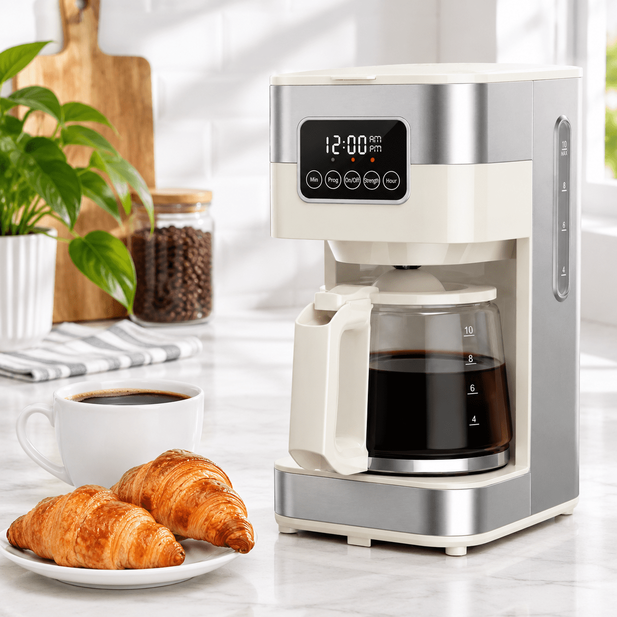 10-Cup Drip Coffee Maker, Beige, with Timer, LCD Touch Screen, and Auto ...