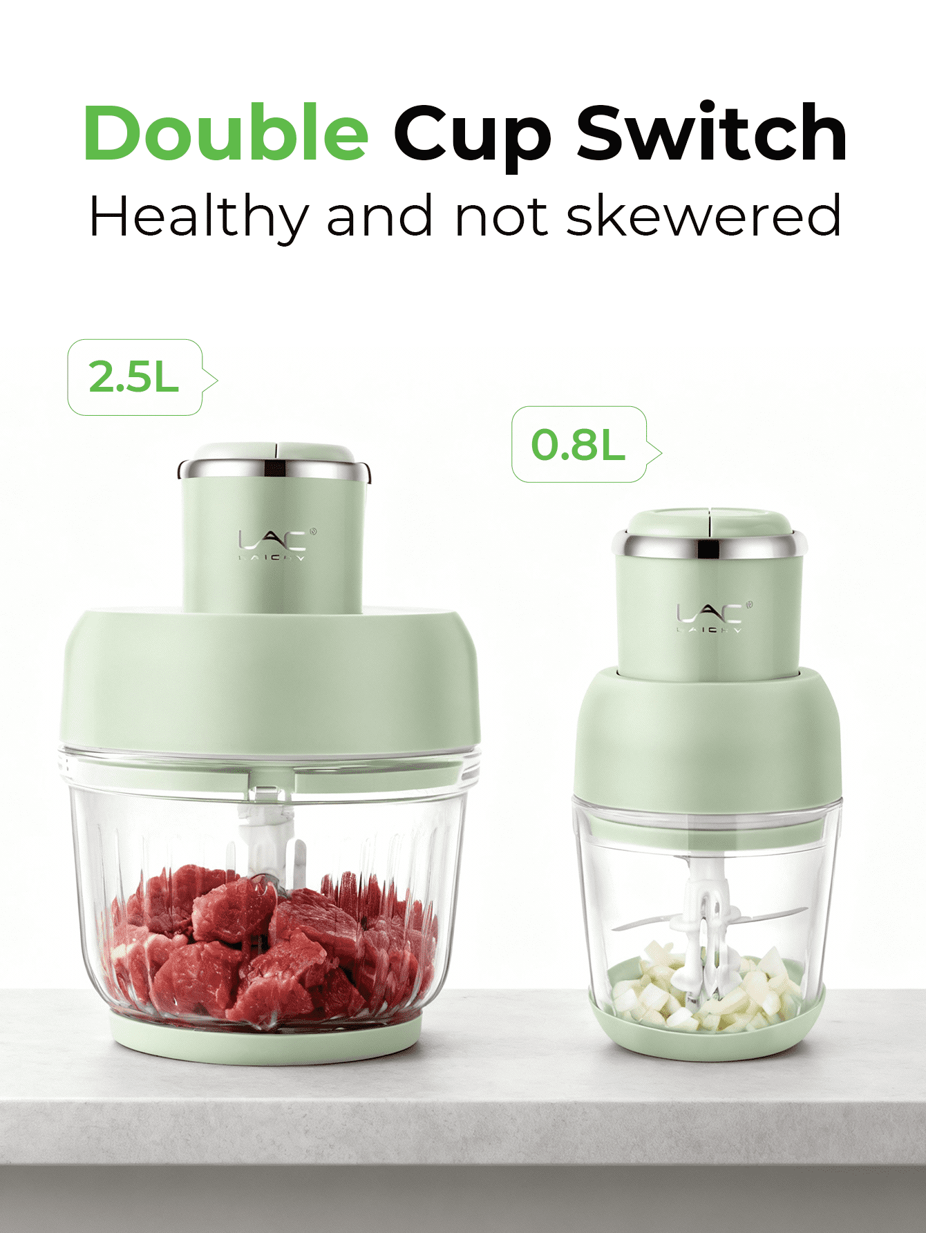10-Cup Dual Pot Food Processor, Stainless Steel Blades, Veggie Chopper for Kitchen Use, Light Green