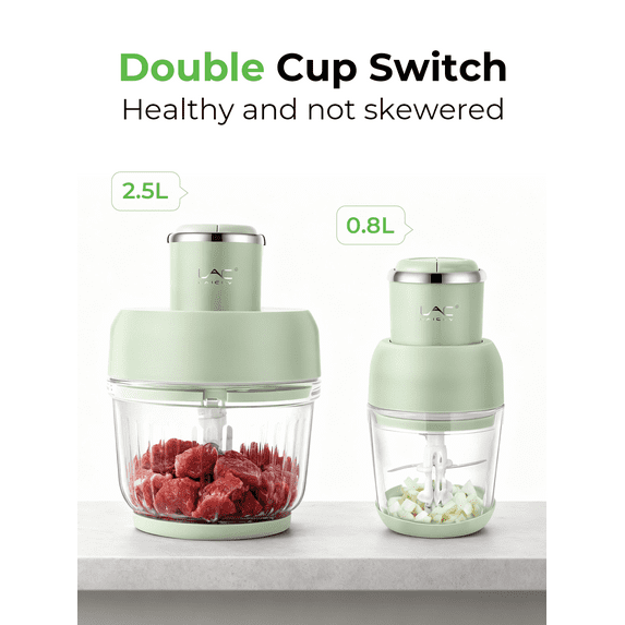 10-Cup Dual Pot Food Processor, Stainless Steel Blades, Veggie Chopper for Kitchen Use, Light Green
