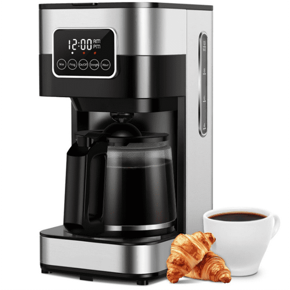 10-Cup Programmable Coffee Maker, Regular & Strong Brew Drip Coffee Machine for Home and Office, Auto Shut Off, Permanent Filter, Silver