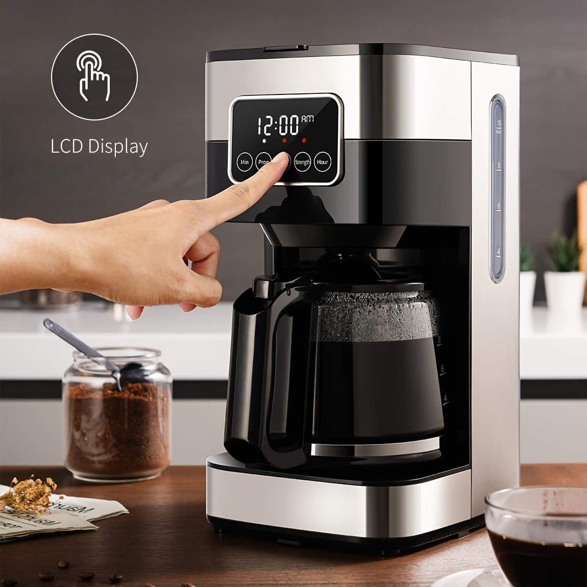 10-Cup Programmable Drip Coffee Maker with Touch-Screen, Pause & Serve, Stainless Steel, Black.