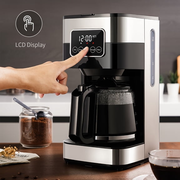 10-Cup Programmable Drip Coffee Maker with Touch-Screen, Pause & Serve, Stainless Steel, Black.