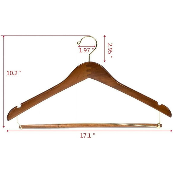 10 Curved Wooden Hangers with Gold Hooks, Walnut , Locking for Coats and Suits
