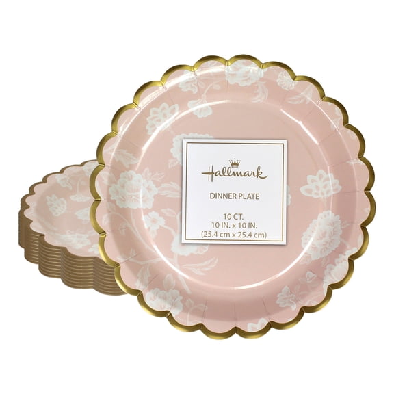 Hallmark Pink Floral Scalloped Edge Disposable Paper Plates, 10 inch, 10 Count