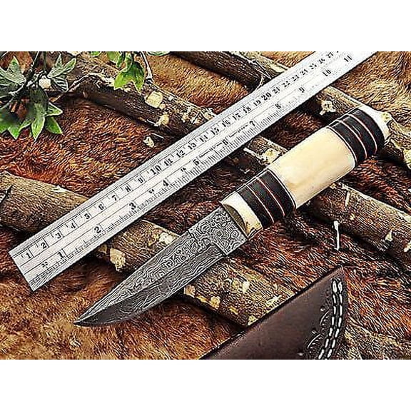 10" Damascus steel skinner Knife,Camel bone Brass & Bull horn scale, sheath