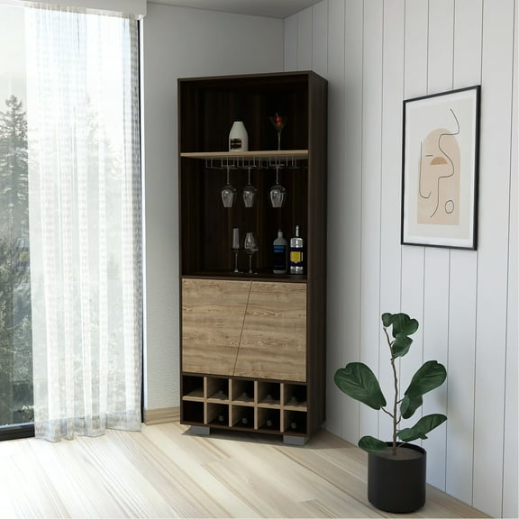 10 Dark Oak And Pine Corner Bar Cabinet With 3 Shelves Wine Pouring Spouts 3-shelf For 10 Bottles Funnels