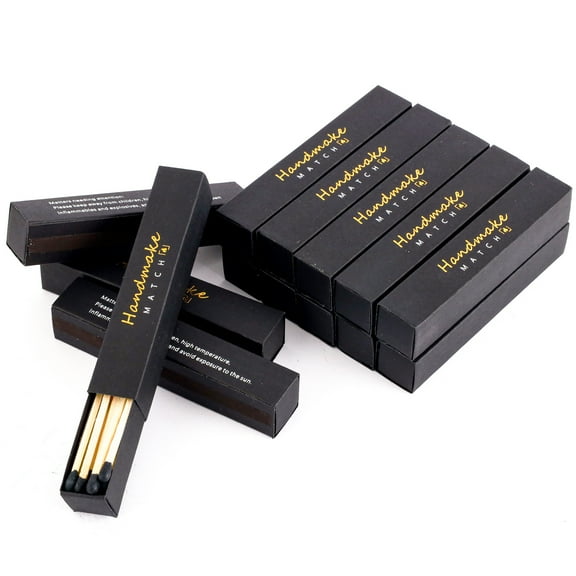 10 Decorative Black Matches Boxes - 200 Pcs 4'' Black Matches for Candles with Strike -Long Wooden Candle Match with Black Matches Color Matches, Safety Matches - 4'' Long Match for BBQ Grill