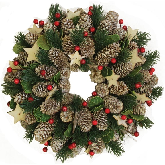 10" Decorative Pine Cone with Berries and Stars Christmas Wreath - Unlit