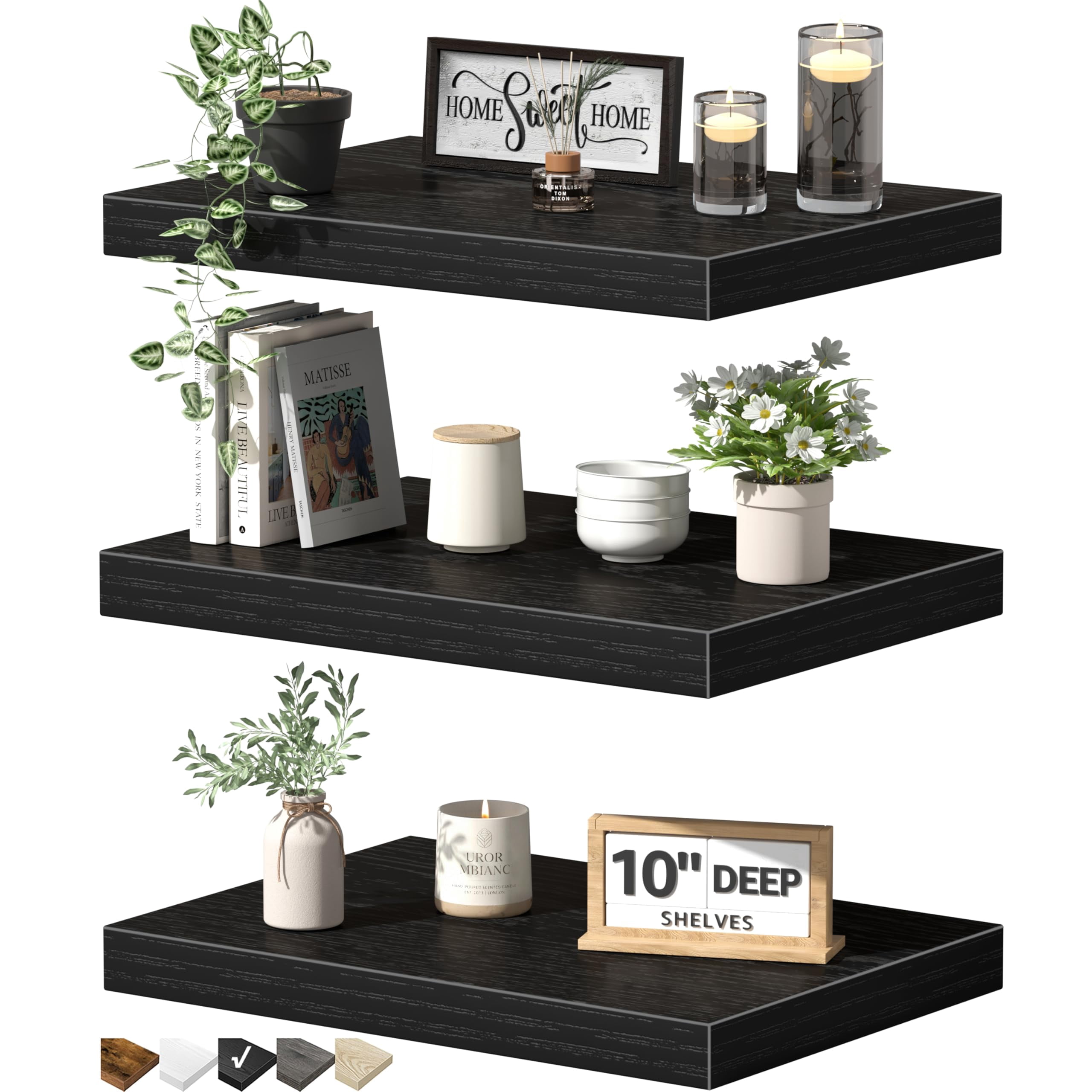 10" Deep Floating Shelves For Wall - 10 X 16 Inch Book Shelf Bathroom Bedroom Kitchen Living Room Hanging Bookshelf Farmhouse Set Of 3  Black (025-40b3)