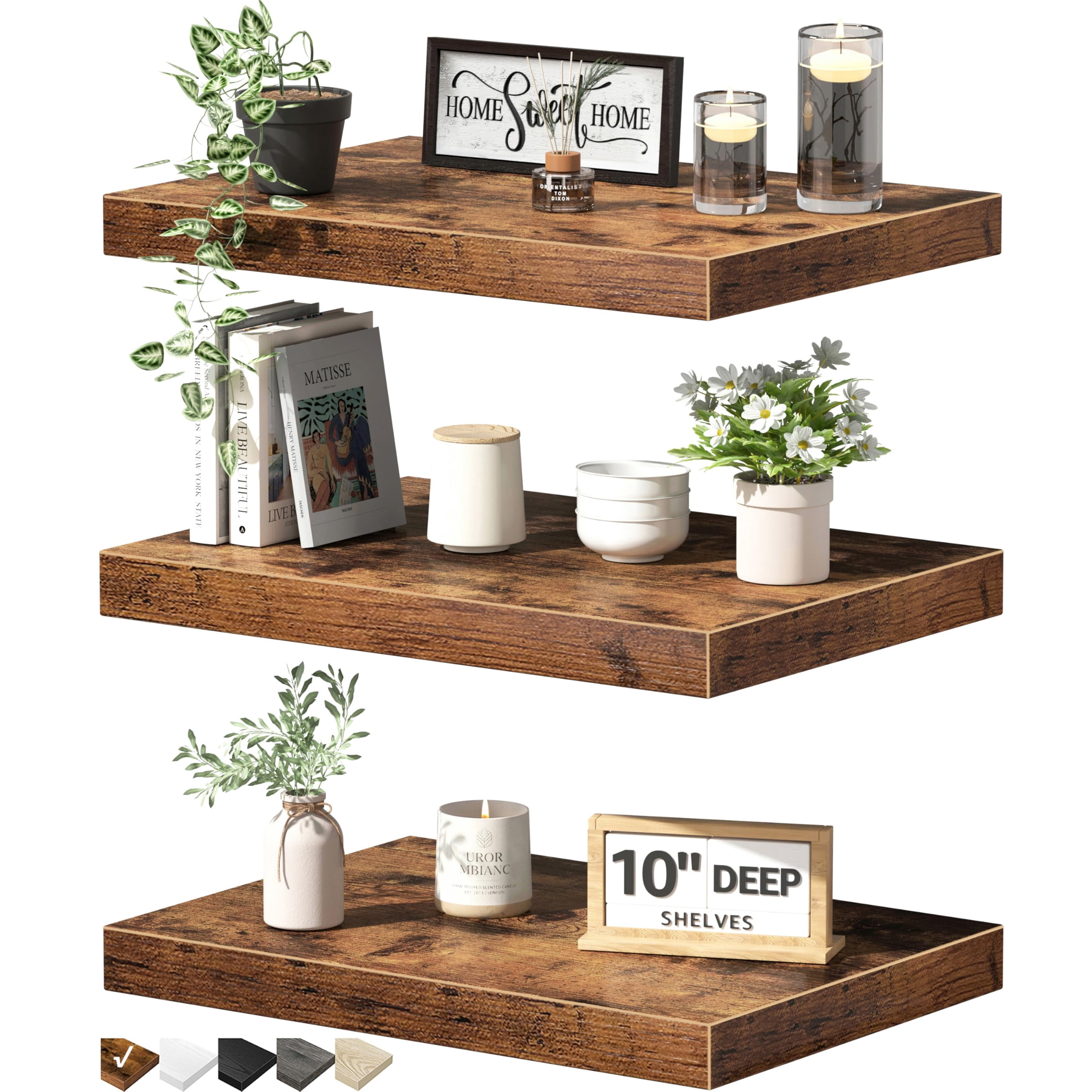 10" Deep Floating Shelves For Wall - 10 X 16 Inch Book Shelf Bathroom Bedroom Kitchen Living Room Hanging Bookshelf Farmhouse Set Of 3  Rustic Brown (025-40bn3)