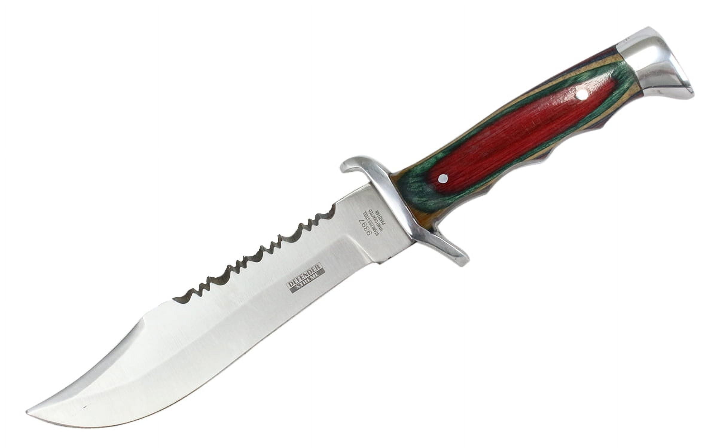 10' Defender Xtreme Hunting Knife with Multi-Color wood Handle & Leather Sheath