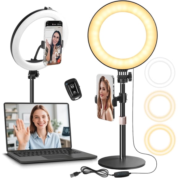 10 Desk Ring Light with Stand, Desktop LED Circle Halo Light with Phone Holder for Computer Zoom Meeting, Laptop Light for Conference Video Calls, Live Streaming, Podcast, Selfie, Makeup