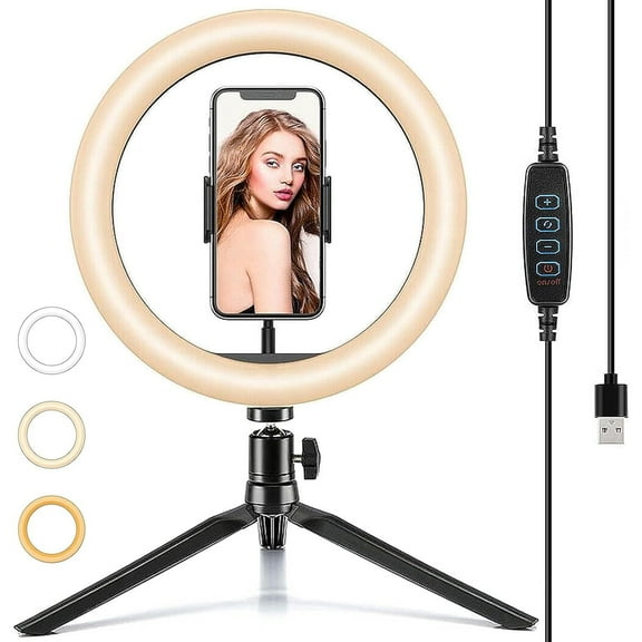 10" Desk Ring Light with Tripod Stand, 3 Light Modes & 11 Brightness Level, Adjustable Selfie Phone Halo Light with Cell Phone Holder for Video Recording, Makeup, Computer Laptop Zoom Meeting
